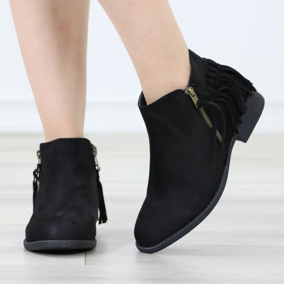 Black Fringe Ankle Boots Gold Zipper Low Block Heel Faux Suede Casual Shoes - Picture 10 of 12